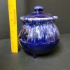 Blue Drip Glaze Tripod Pottery Cauldron with Lid and Brass Handle - 5