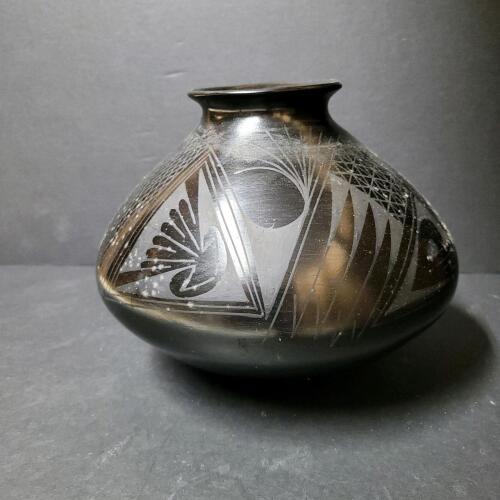 Signed Blackware Pottery Jar with Geometric Carvings