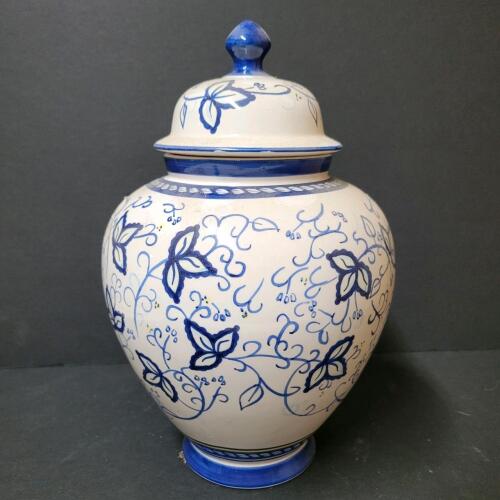 Blue and White Ceramic Lidded Jar in Floral Style