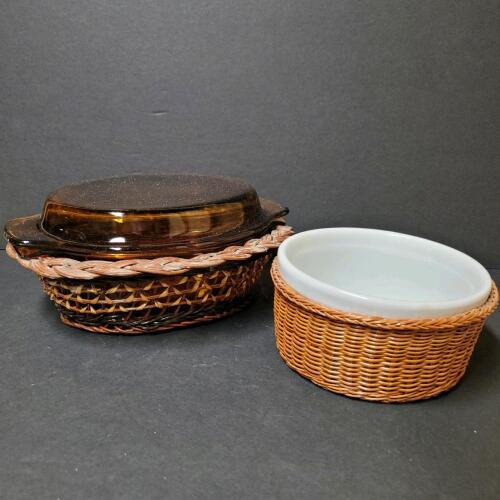 Anchor Hocking Glass Casserole Dish with Basket, White Oven Dish with Basket