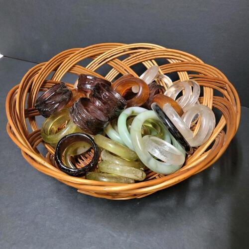 Assorted Vintage Napkin Rings in Woven Basket