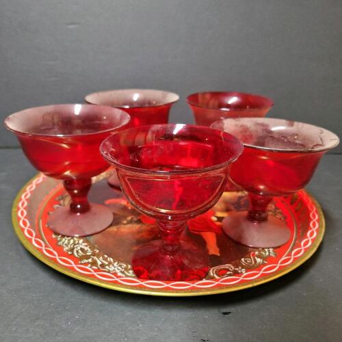 Red Boy Design Decorative Plate with Ruby Glass Sherbet Cups