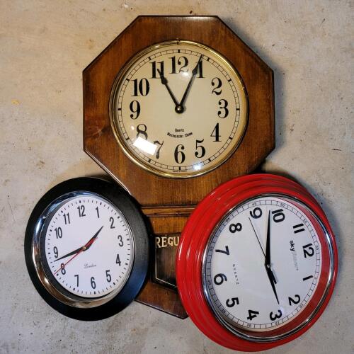Wall Clocks: Wooden Regulator, Black London, Red Skytimer