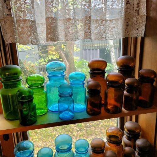 Vintage Apothecary Jars Amber, Blue, and Green Glass with Lids