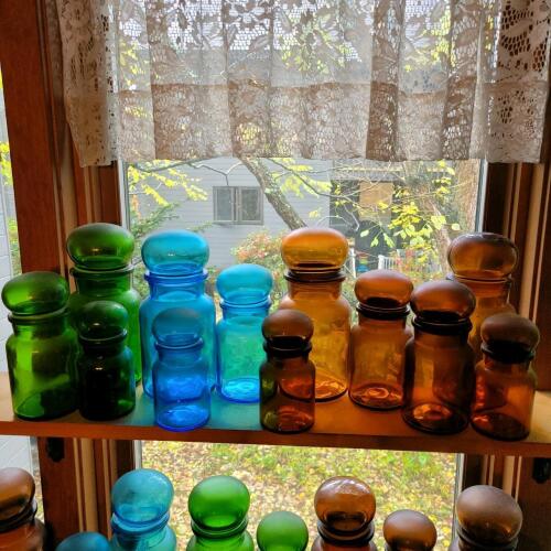 Vintage Apothecary Jars in Green, Blue, and Amber Glass