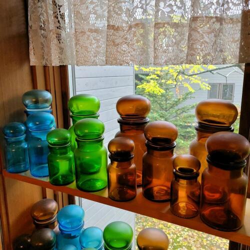 Vintage Apothecary Jars in Green, Amber, and Blue Glass