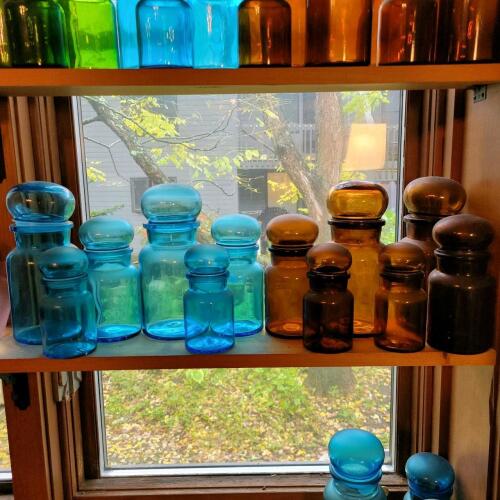 Colored Apothecary Jars With Ground Stoppers, Blue and Amber Glass