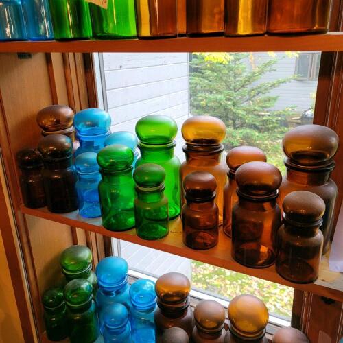 Apothecary Glass Jars With Round Stoppers, Colorful Vintage-Style