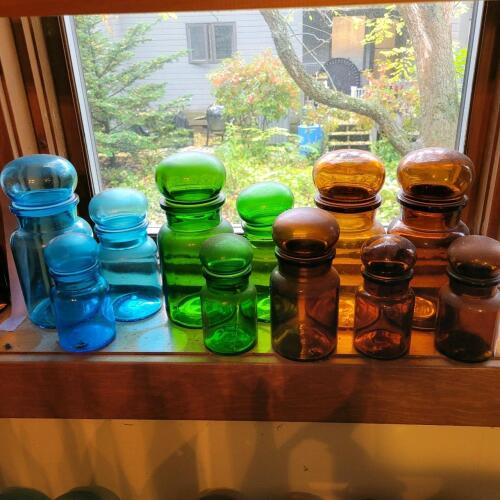 Vintage Apothecary Glass Bottles in Blue, Green, and Amber