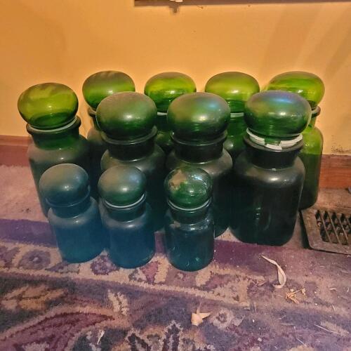 Green Glass Apothecary Jars with Stoppers