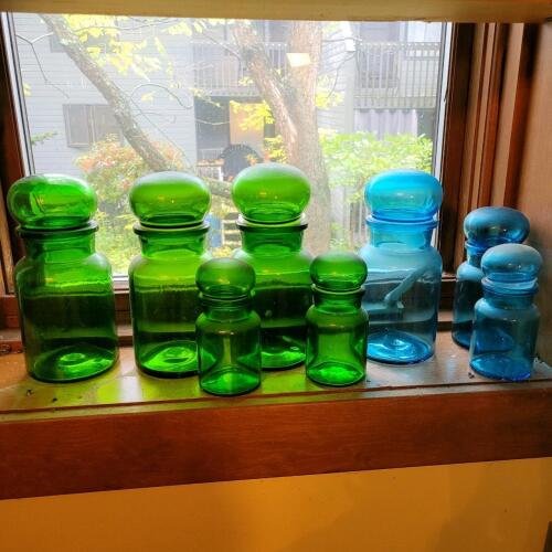Vintage-Style Green and Blue Glass Apothecary Jars