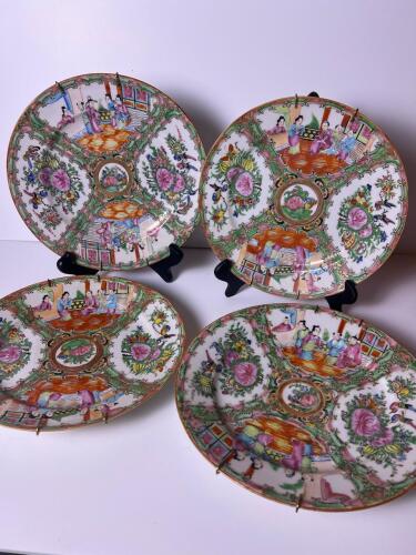Rose Medallion Chinese Porcelain Plates with Figural Decor