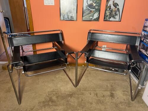 Pair of Wassily-Style Black Leather Look and Chrome Lounge Chairs