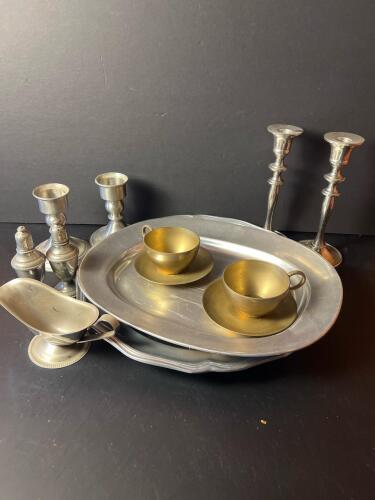 Assorted Wilton-Columbia Pewter Serveware and Brass Tea Cups