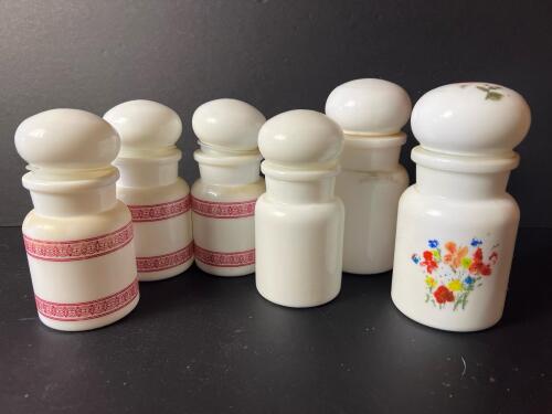 Milk Glass Apothecary Jars with Red Bands and Floral Motif
