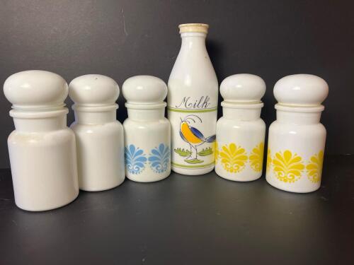 Vintage Belgian Milk Glass Apothecary Jars and Bottle