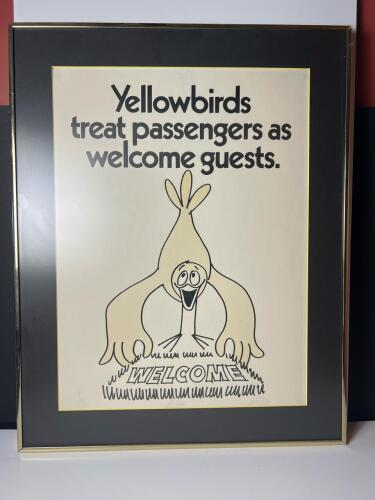 Framed Yellowbird Airline Cartoon Welcome Poster 24" x 19"