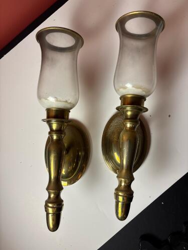 Pair of Brass Wall Sconces with Glass Hurricanes