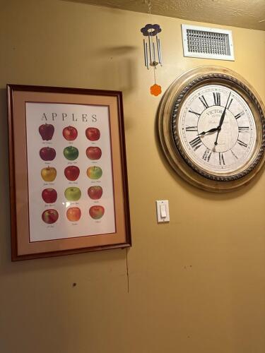 Framed Apples Chart Poster, Decorative Wall Clock, and Hanging Wind Chime