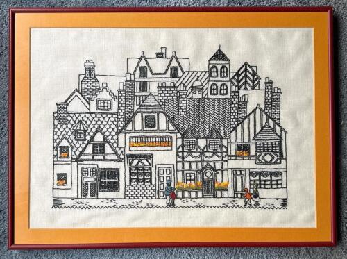 Framed Village Street Scene Embroidery in Folk-Art Style