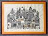 Framed Village Street Scene Embroidery in Folk-Art Style