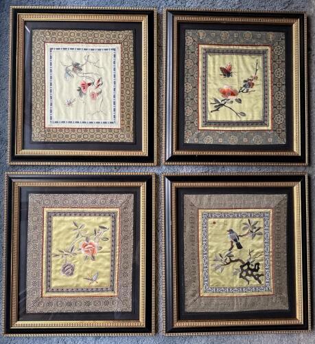 Framed Chinese-Style Silk Embroidery Panels with Birds and Flowers