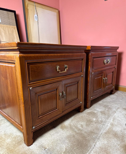 Pair of Vintage Wood Nightstands with Brass Hardware