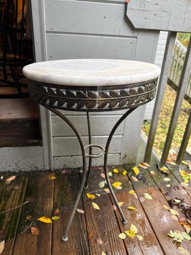 Round Marble Top Metal Accent Table With Ornate Base