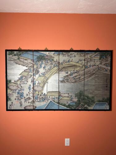 Folding Asian Painted Four-Panel Screen