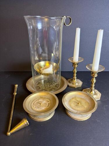 Brass Candleholders, Plates, Snuffer, and Hurricane Candle Lantern