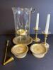Brass Candleholders, Plates, Snuffer, and Hurricane Candle Lantern