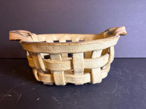Handmade Stoneware Lattice-Style Basket with Handles