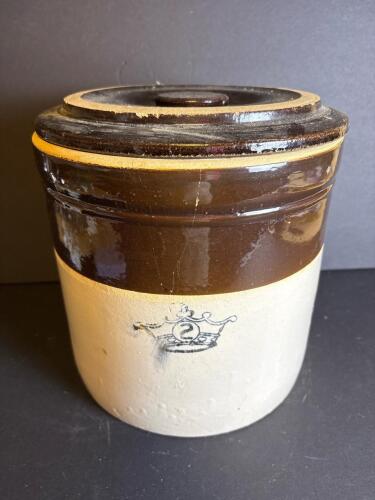 Stoneware Crock with Lid, Brown and Tan, Crown Mark