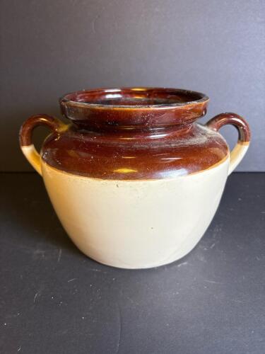 Stoneware Bean Pot Crock with Double Handles Brown Glaze