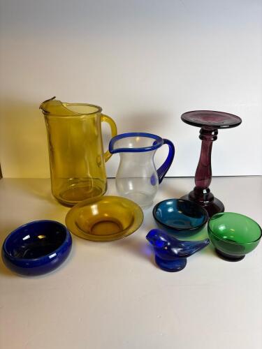 Assorted Hand Blown Art Glass Pitchers, Bowls, and Figurals