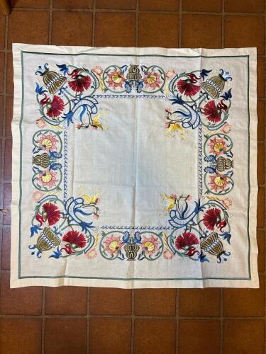 33" Square Embroidered Floral Tablecloth in Folk-Art Style