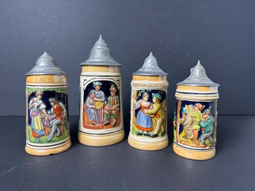 German Relief Beer Steins With Pewter Lids, Folk Art Style