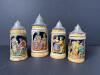 German Relief Beer Steins With Pewter Lids, Folk Art Style