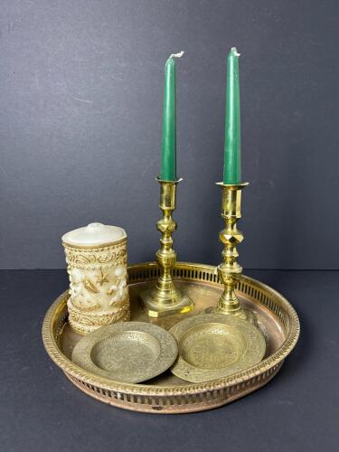Brass Candlestick Holders, Ornate Brass Plates and Tray Set