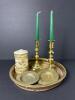 Brass Candlestick Holders, Ornate Brass Plates and Tray Set