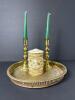 Brass Candlestick Holders, Ornate Brass Plates and Tray Set - 2