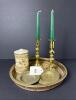 Brass Candlestick Holders, Ornate Brass Plates and Tray Set - 14