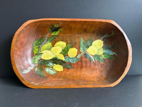 Hand Painted Wooden Bowl With Lemons Motif, Mexico