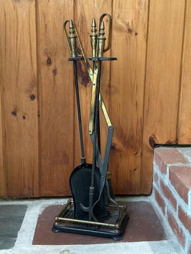 Brass and Iron Fireplace Tools Set with Stand