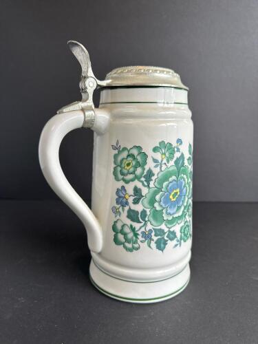Porcelain Beer Stein with Floral Design and Pewter Lid