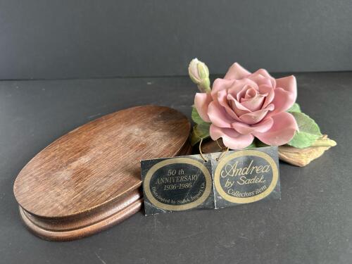 Andrea by Sadek Pink Porcelain Rose on Wood Base