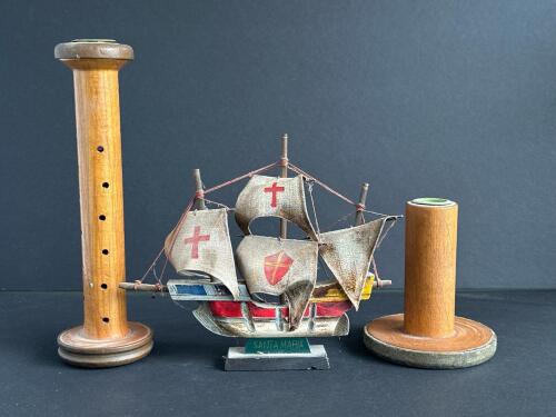Vintage Wooden Textile Spools and Santa Maria Model Ship