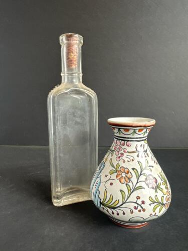 Hand-Painted Portuguese Filler Vase and Antique Glass Bottle