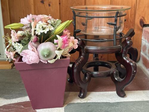 Wooden Plant Stand, Glass Bowl, Metal Insert, Faux Floral Arrangement