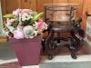 Wooden Plant Stand, Glass Bowl, Metal Insert, Faux Floral Arrangement